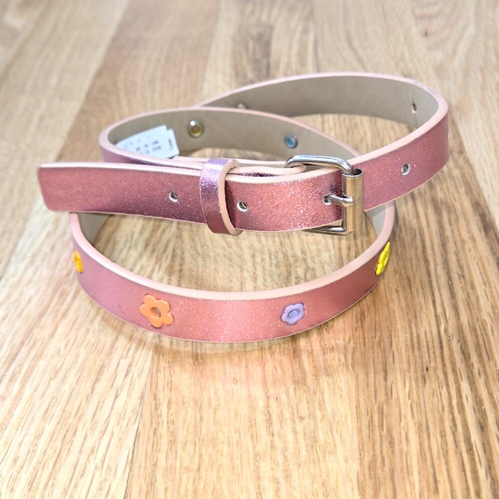Target Girls pink, metallic Faux leather  belt colorful flower